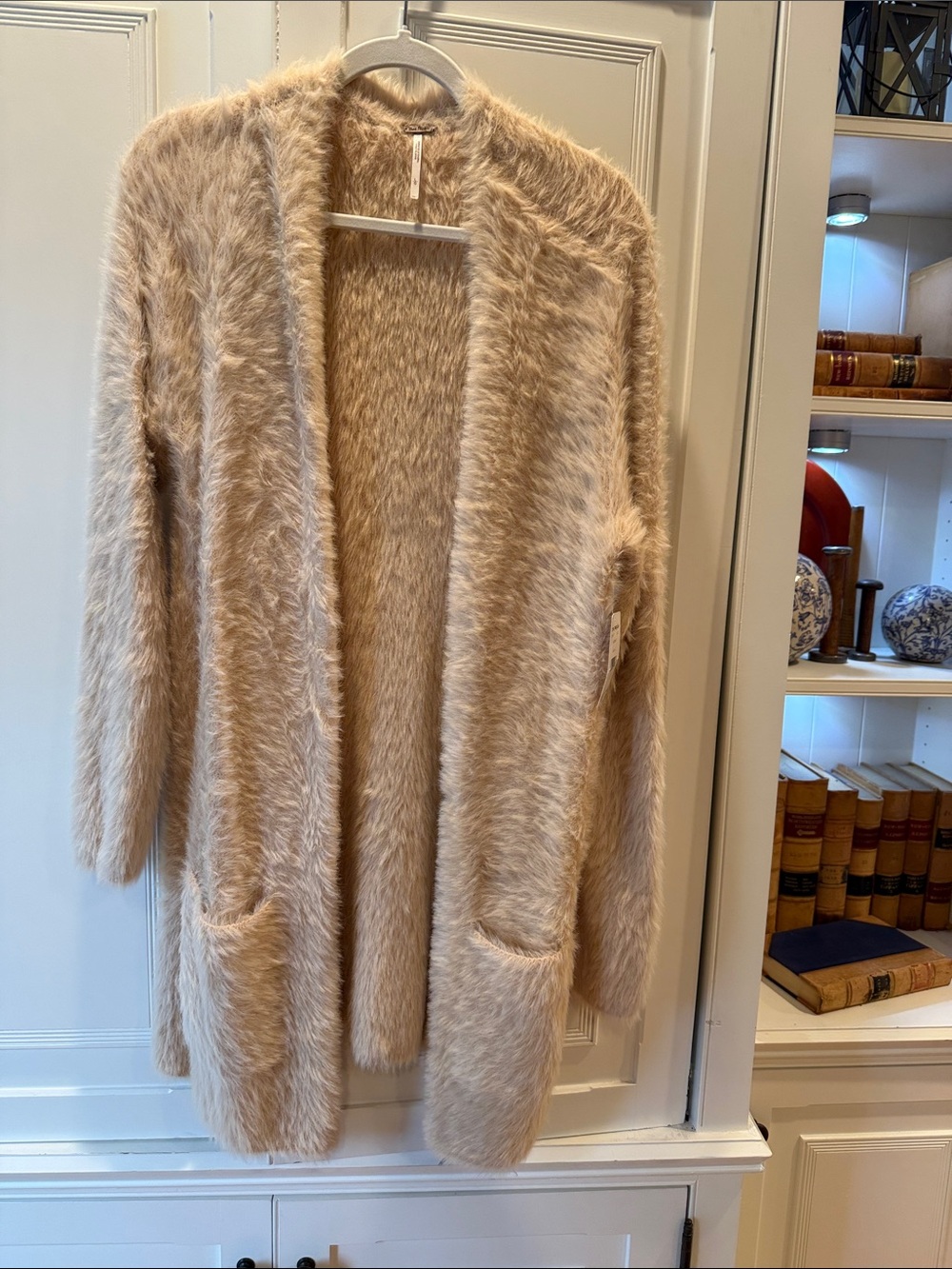 Free People Fuzzy Open-Front Cardigan in Light Beige